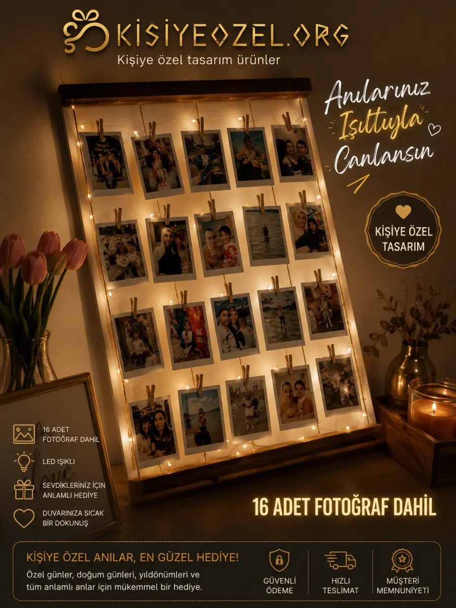 Kişiye Özel LED Işıklı Fotoğraf Askısı – 16 Fotoğraflı Anı Panosu