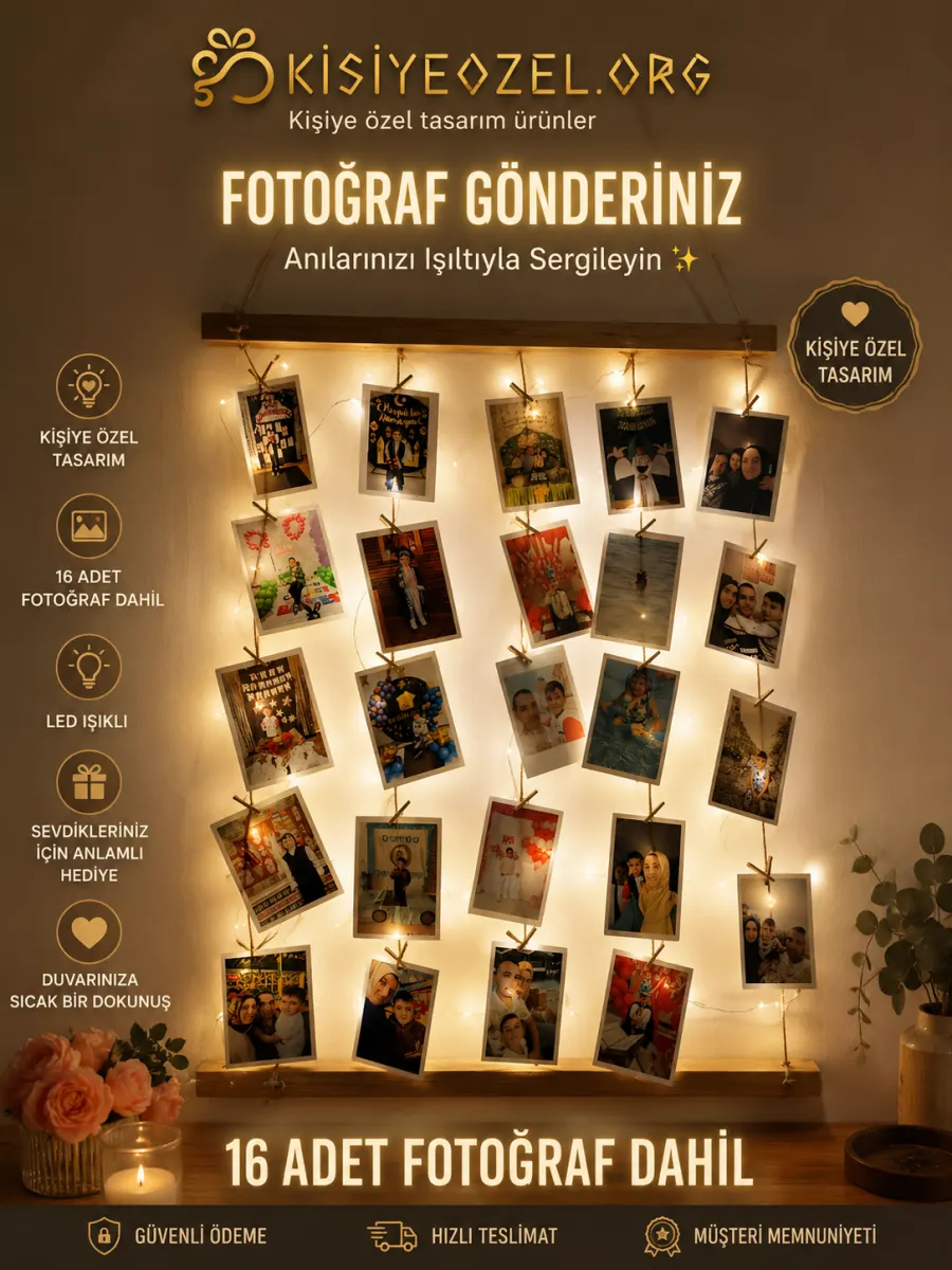 Kişiye Özel LED Işıklı Fotoğraf Askısı – 16 Fotoğraflı Anı Panosu